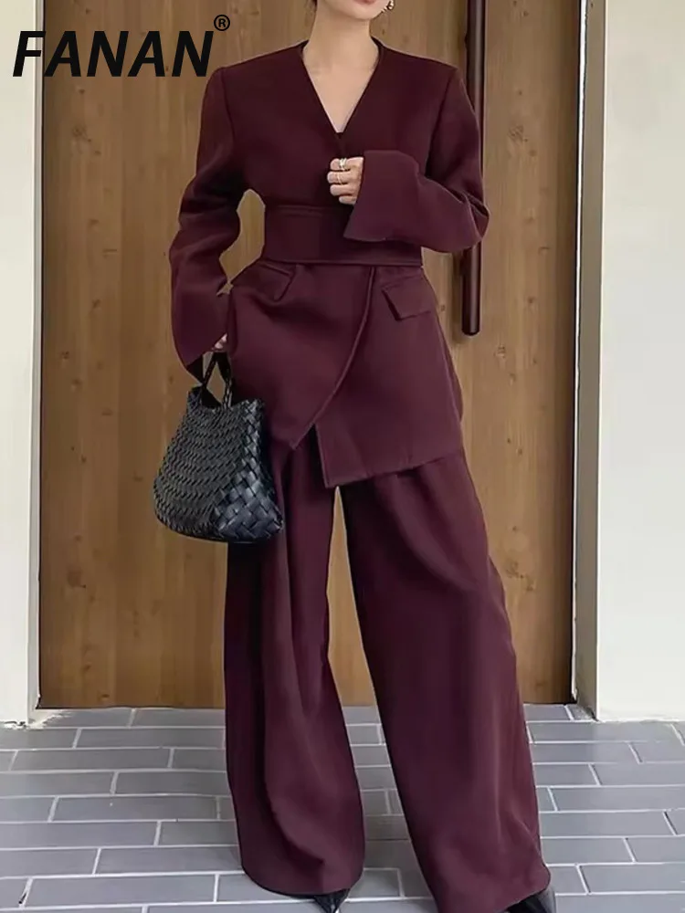 FANAN Elegant 2 Piece Set Women's Belt Gathered Waist Fit Blazer High Waist Straight Wide Leg Pants Wool Clothes 2025 Spring New