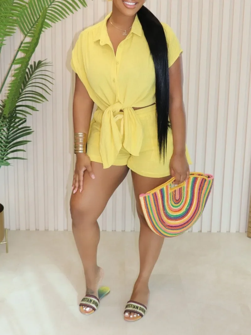 GUWU-Ensemble Deux Pièces pour Femme, Streetwear, Couleur Unie, Décontracté, Col Rabattu, lèvent, Haut et Short, Été