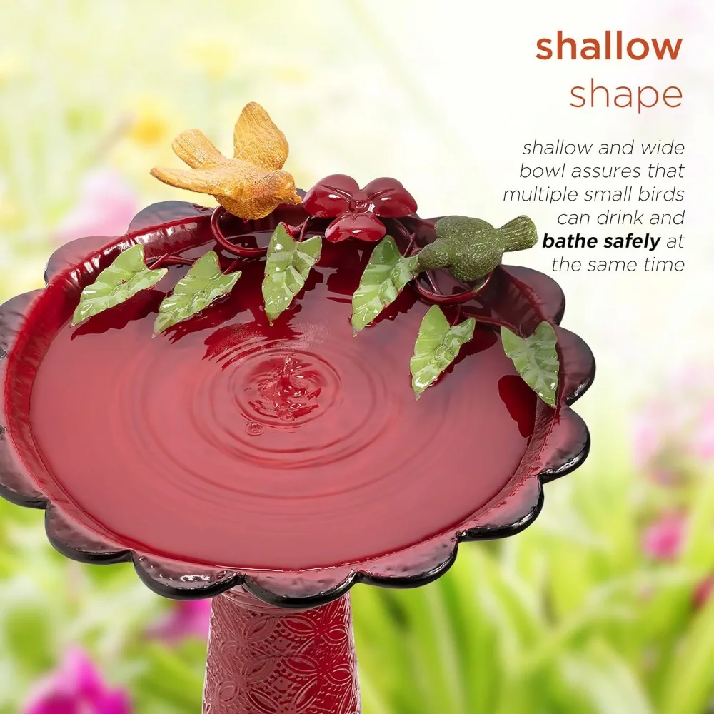 Vaschetta per uccelli da esterno alta 28 pollici in metallo con uccelli e foglie, statua da giardino rossa per patio, terrazza