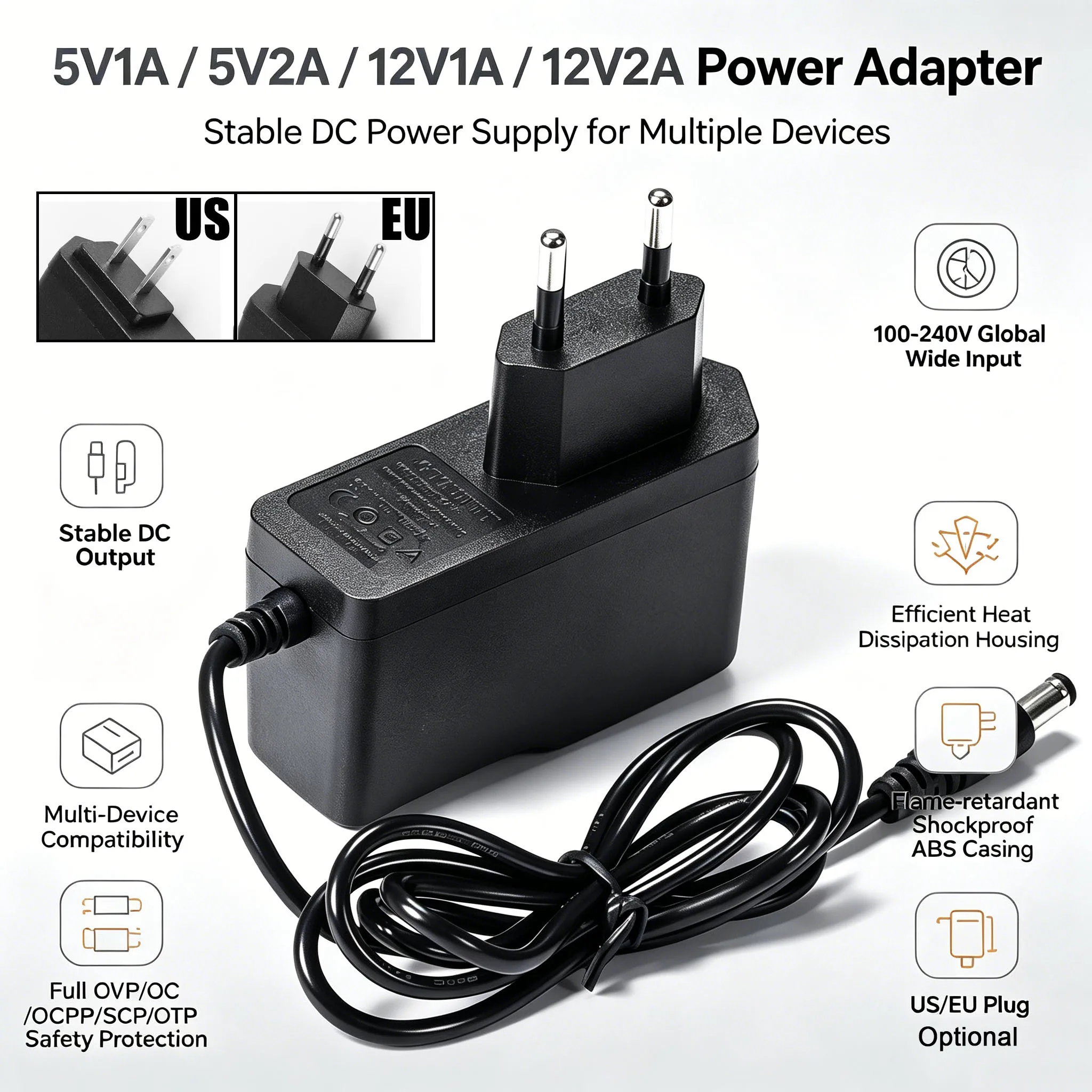 12V DC Power Supply adaptador 5A 1A 2A Universal EU US Plug Adapter Power Adapter For LED Light Bar Strip /Security Camera