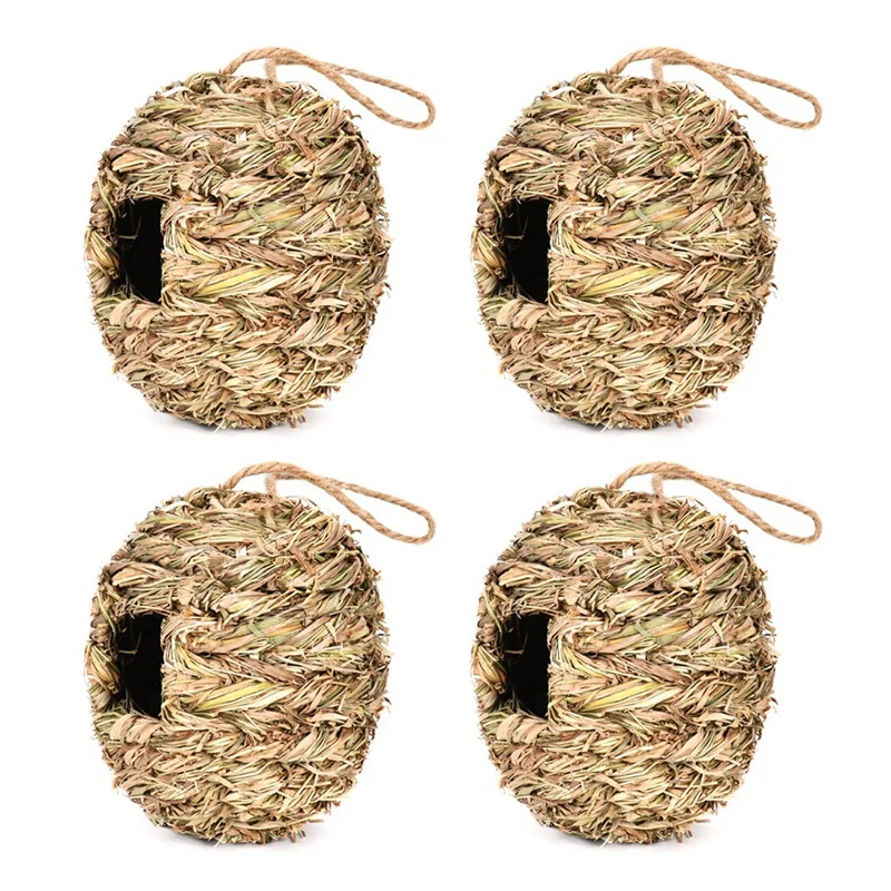 4 Pack Hanging Bird Nest House For Outside,Ball Shape,Hand Woven,Made Of Natural Grass,Perfect For Garden,Patio