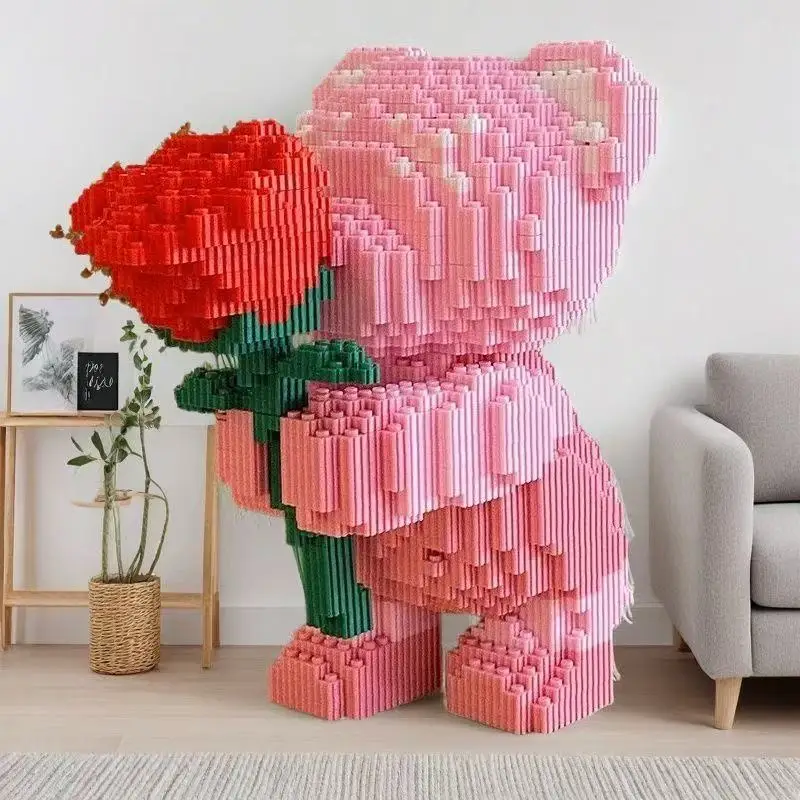 3584-Piece Building Block Set, Rose Bear, Romantic Bear Holding Roses, Suitable for Gifting, Great Choice for Couples and Parents, High Difficulty to Assemble