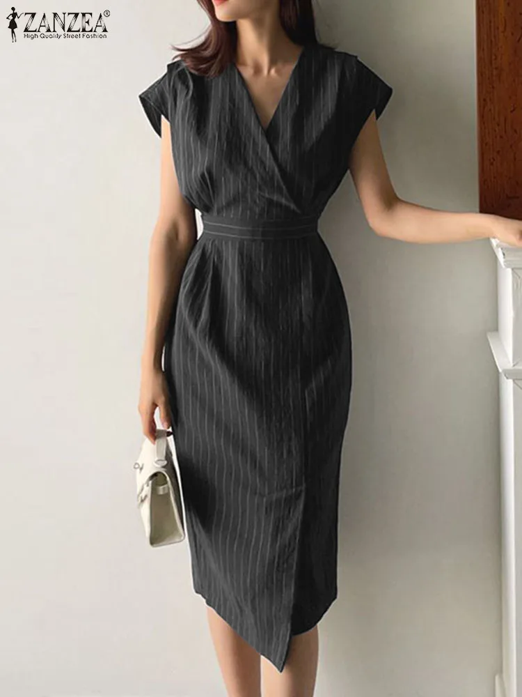 ZANZEA Summer Elegant Party Dress Woman Fashion Stripe Printed Sundress Short Sleeve V-Neck Dresses Ladies Vintage OL Robe 2023