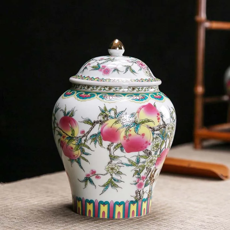 Modern Peach Tree Pattern Ceramic Jar Gold Plated Sealed Tea Can Handicraft Ornament Household General Jar Coffee Bean Container