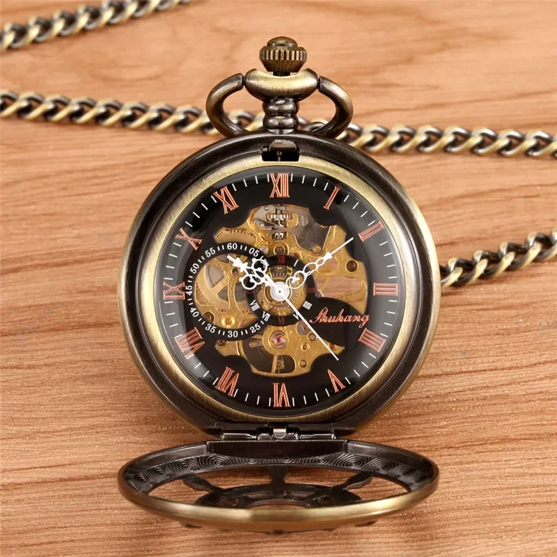 Vintage Hollow Out Rudder Design Men Women Handwinding Mechanical Pocket Watch Pendant Chain Roman Number Display Clock Gift