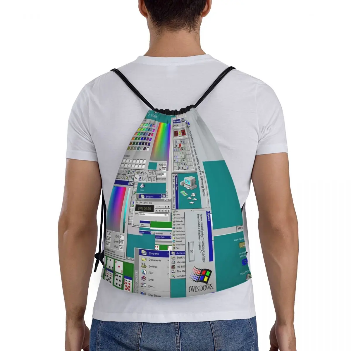 

Windows 95 Collage Backpacks Multi-function Portable Drawstring Bundle Pocket Sports Bag Book Bags For Man Woman School