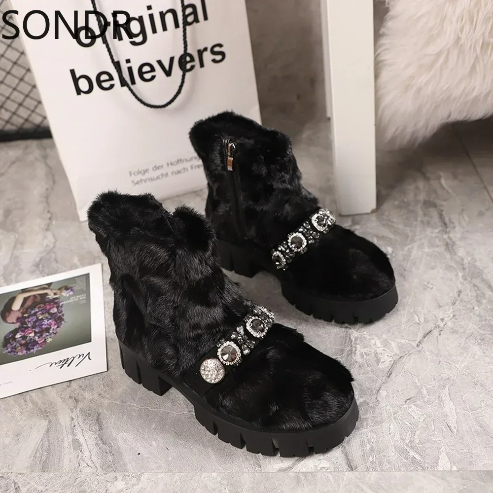 Womens Real Mink Fur Ankle Boots Rhinestones Crystal Chain Shoes Warm Winter Snow Thick Rainbow Colors New 2024