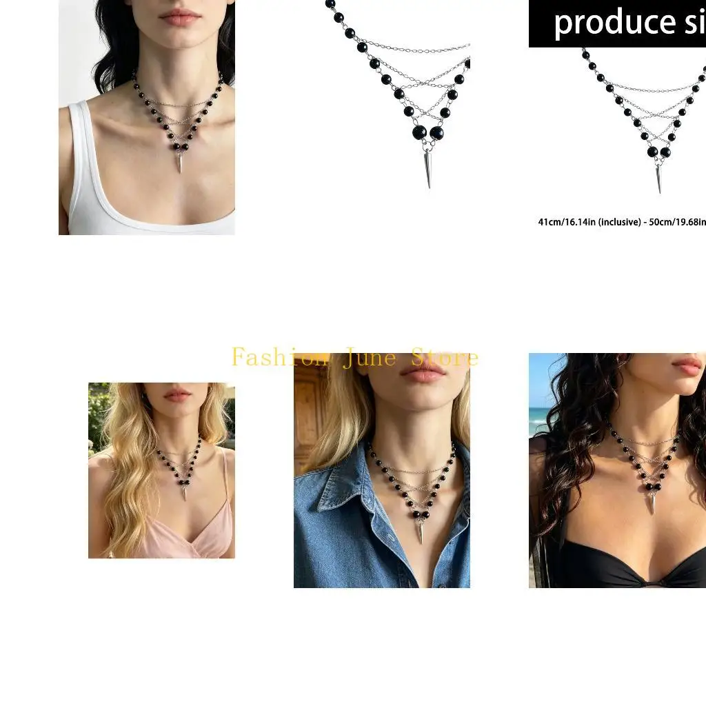 N5KA Multi Strand Beaded Necklace with Draped Silver-Tone Chains and Glossy Black Beads, Steel Jewelry for Commuting and Parties