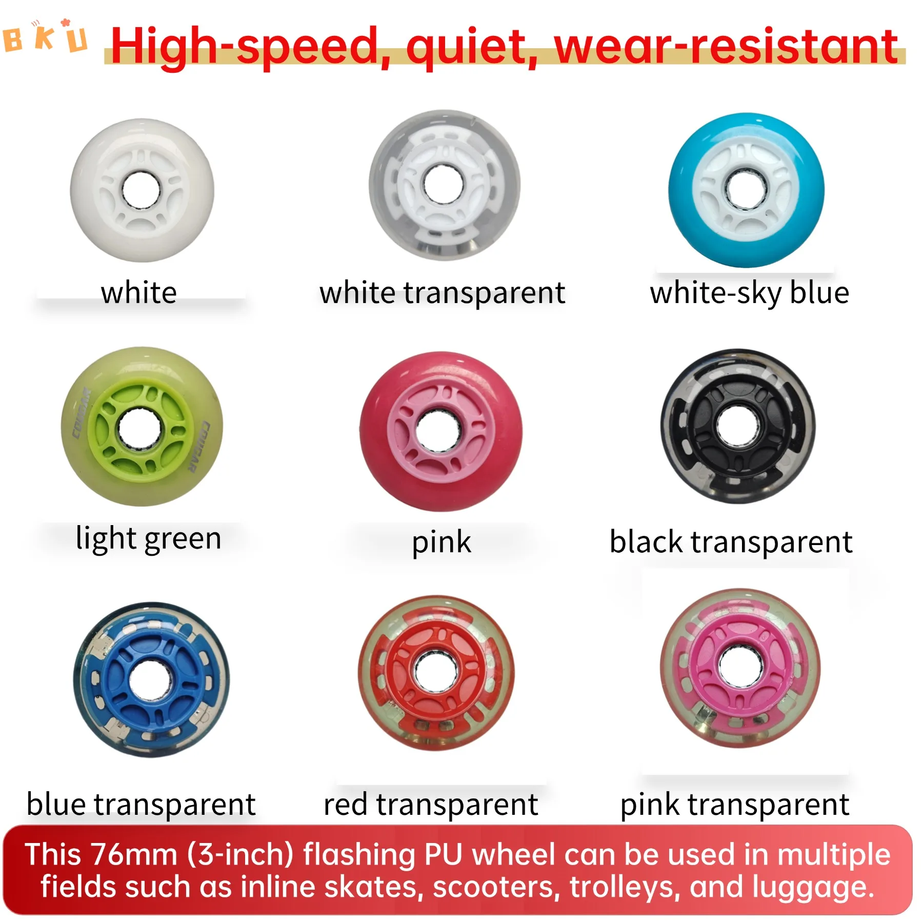 

76mm (3") PU light-up inline skate replacement wheels with bearings. Fits scooters, strollers, kids' carts, etc. Mute, durable,