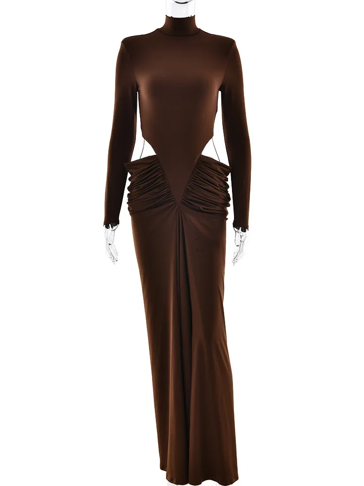 Articat elegante manga longa oco para fora elástico apertado vestido longo feminino sexy magro festa clube vestido de noite outono novo vestidos2025