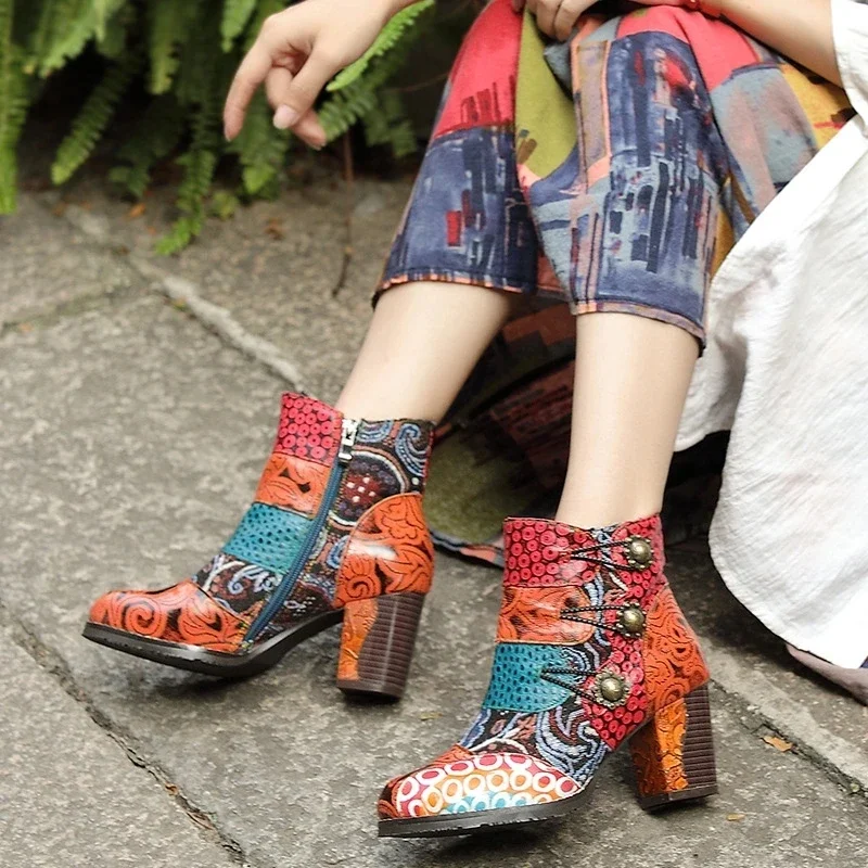 Vintage Splicing Printed Ankle Boots For Women Shoes Woman Genuine Leather Retro Block High Heels Women Boots 2023 New