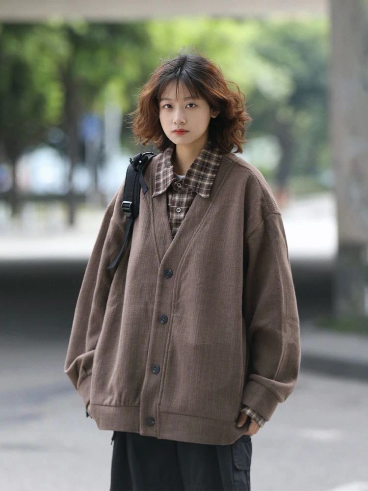 

Retro Japanese Sle Open Cardigan Knitted Sweater Fake Two-Piece Loose Men's Autumn Winter Outerwear for Couples