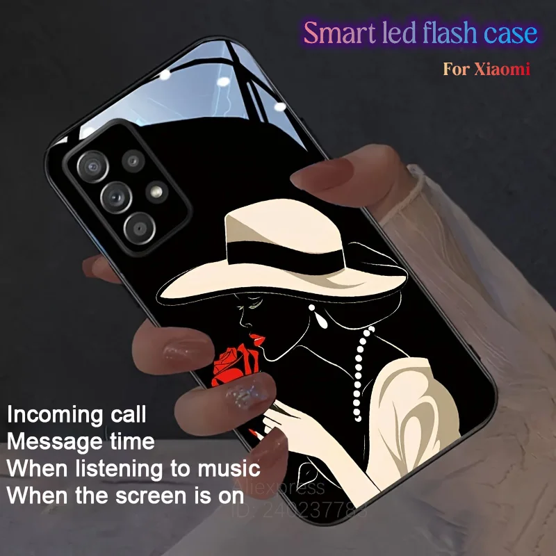

Elegant Hat Rose Girl Luminous Phone Cover For Xiaomi 15T 14T 13T Poco F7 F6 Pro X7 X5 X4 X3 Pro LED Light Glow Glass Case Funda