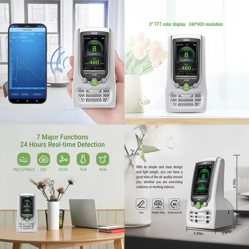 PM2.5/PM10, HCHO, CO2 Detector Smart Air Quality Sensor: Offering Accurate Temperature and Humidity Measurements on the Go