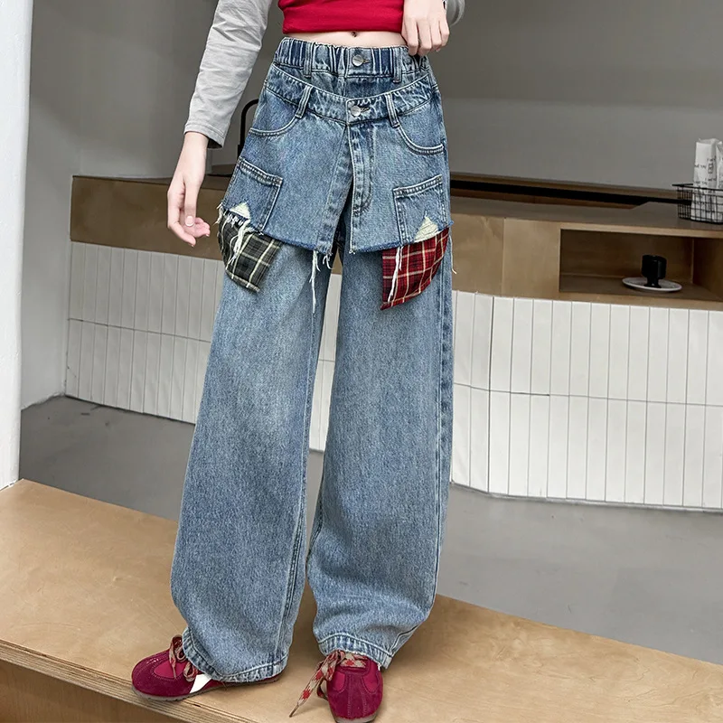 Kinder Neue Designer High Fashion Schere Cut Breite Bein Jeans Für Teenager Mädchen Casual Straße Hosen Kinder Lose Denim Hosen