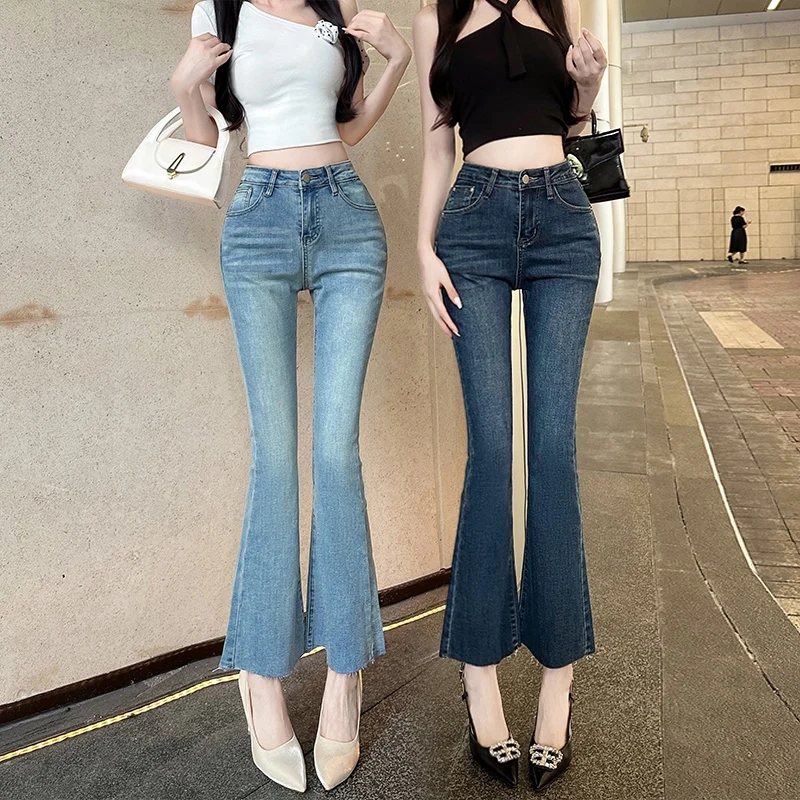 

Korean Sle High Waist Bell Bot Jeans Slim Fit Waed out Straight Leg Elastic Denim Pants for ort Women Tea Milk Color