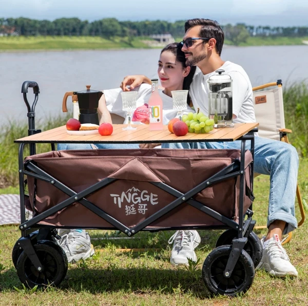 Camping cart that folds up outdoor picnic carts with small tables