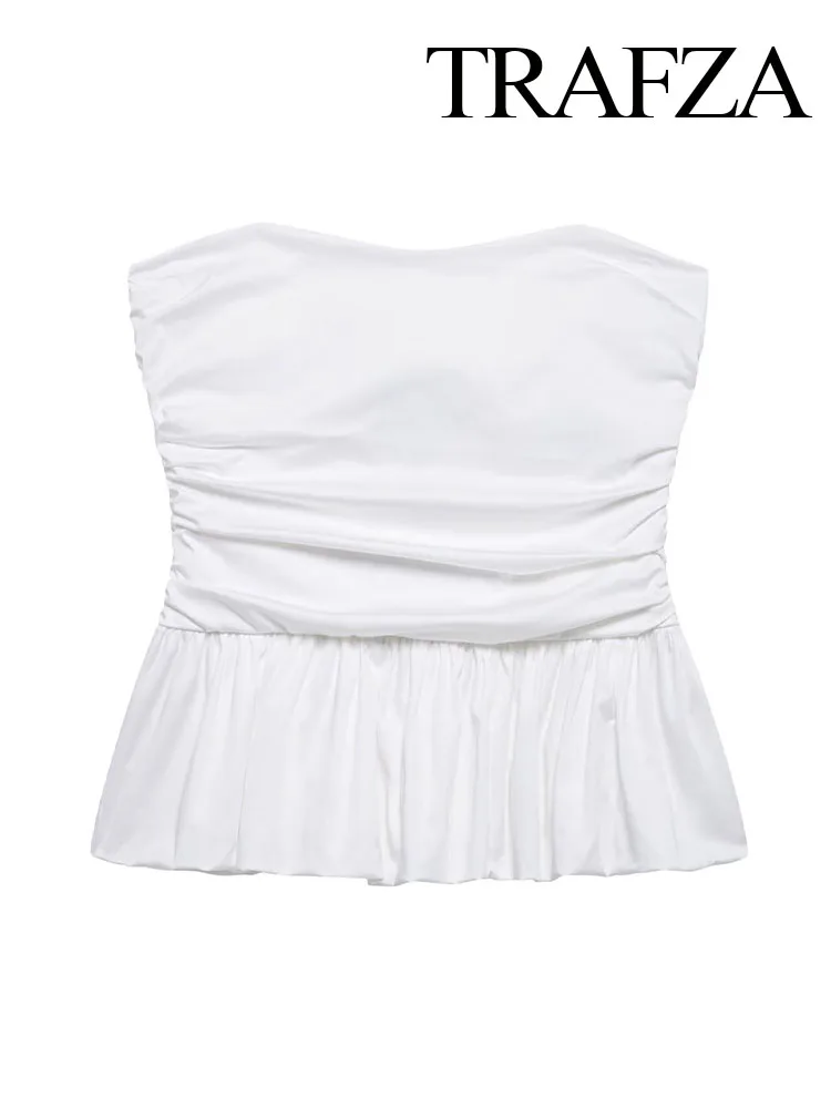 TRAFZA Women Elegant White Off-shoulder Ruched Sexy Strapless Top Woman Summer Fashion Side Zipper Slimming Vest Top Mujer