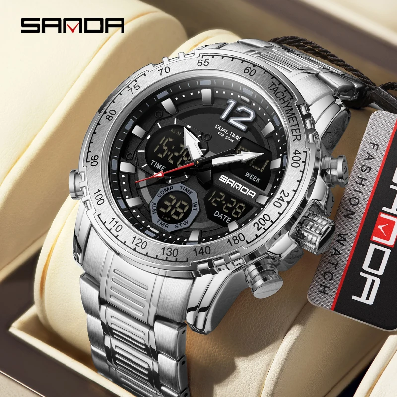 SANDA 6193 Men's Electronic Quartz Watch Multi-function Alarm Clock Stainless Steel Waterproof Luminous Calendar Digital Watches