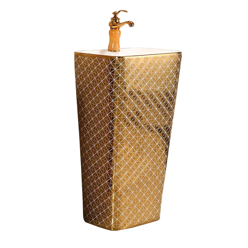 European and American gold-plated one-piece column basin, color gold wash basin, local tyrant gold square floor basin