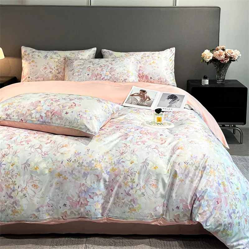 Set Penutup Selimut Motif Bunga Set Penutup Tempat Tidur Sutra Satin untuk Musim Panas Set Seprai Dingin Ukuran Queen/King Silky Plumones De Cama