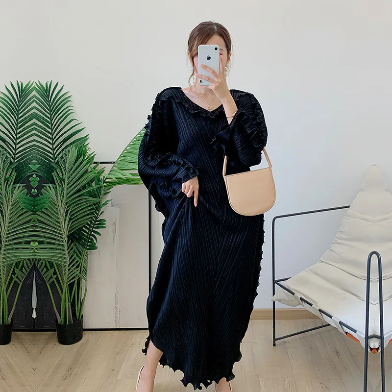 

miyake Pleated lace handmade folda long dress 2022 autumn new style design loose thin fat mm fashion dress for women