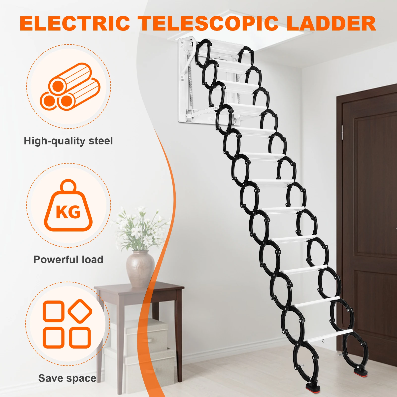 12 Steps Pulldown Attic Ceiling Ladder Stairs Up To 600lbs Invisible Folding Ceiling Loft Ladder with Anti-Slip Steps 11.2ft
