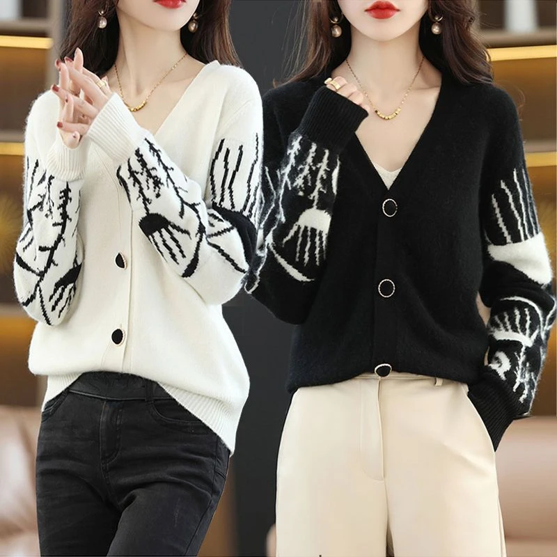 Women's Cardigans Outerwear V Neck Black Graphic Ladies Knit Sweaters Loose Clothing Sales Korean Fashion Top with Long Sleeves