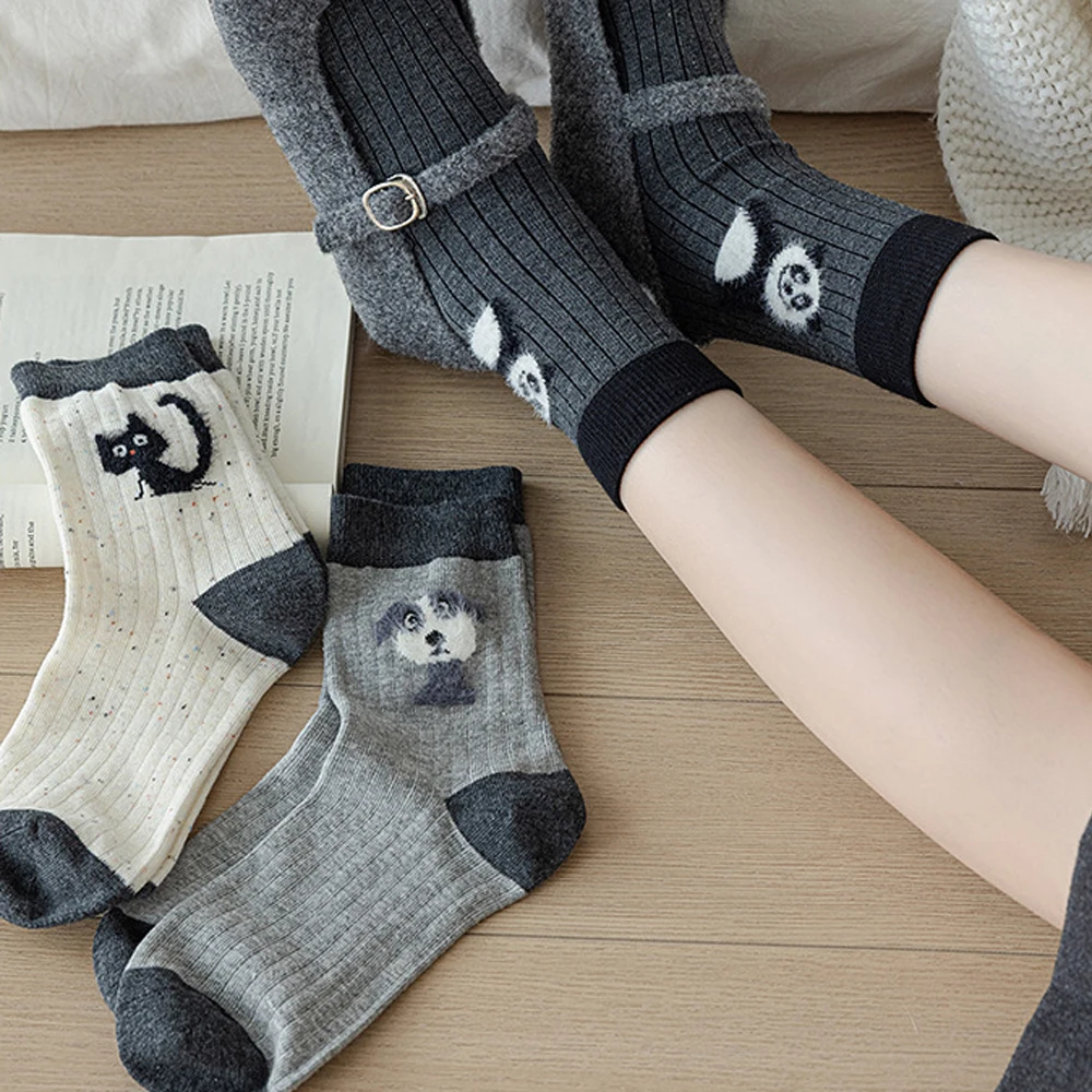 Cute Animal Socks Cartoon Puppy Cat Trendy Autumn/Winter Cotton Yarns Flocking Plush Stockings Fashion Warm Casual Women's Socks