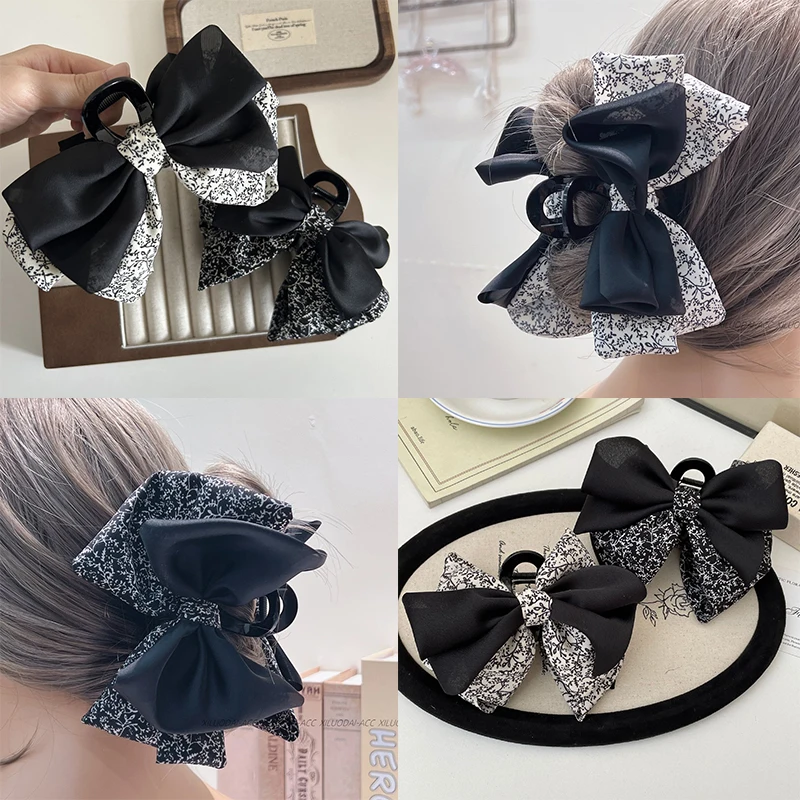 

Satin Floral Shark Clip Double Layer Fabric Bow Clip Elegant Fashion All-Match Hair Accessories