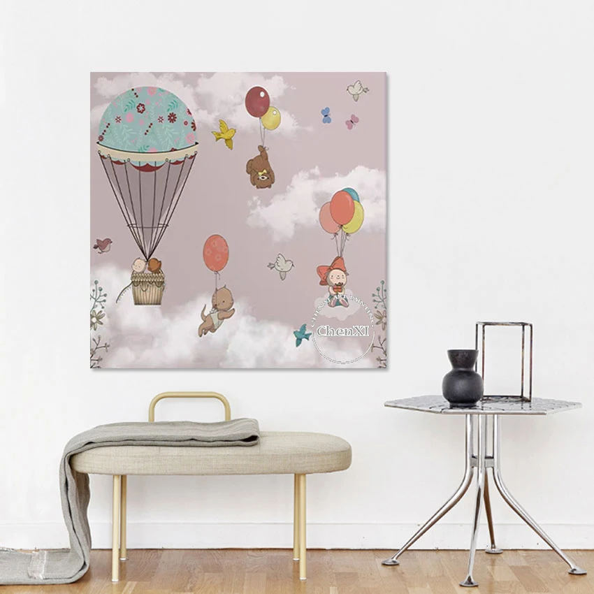 Handmade Cartoon Picture Kids Bedroom Decor Abstract Animal And Ballons Oil Painting Unframed Canvas Wall Decor Cute Art