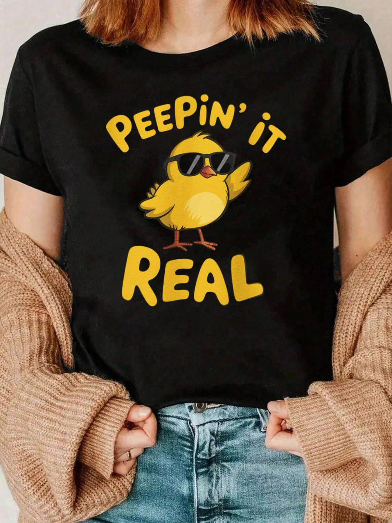 Peepin It Real Duck Print T-Shirt Ostern Freizeitkleidung Damen 220g