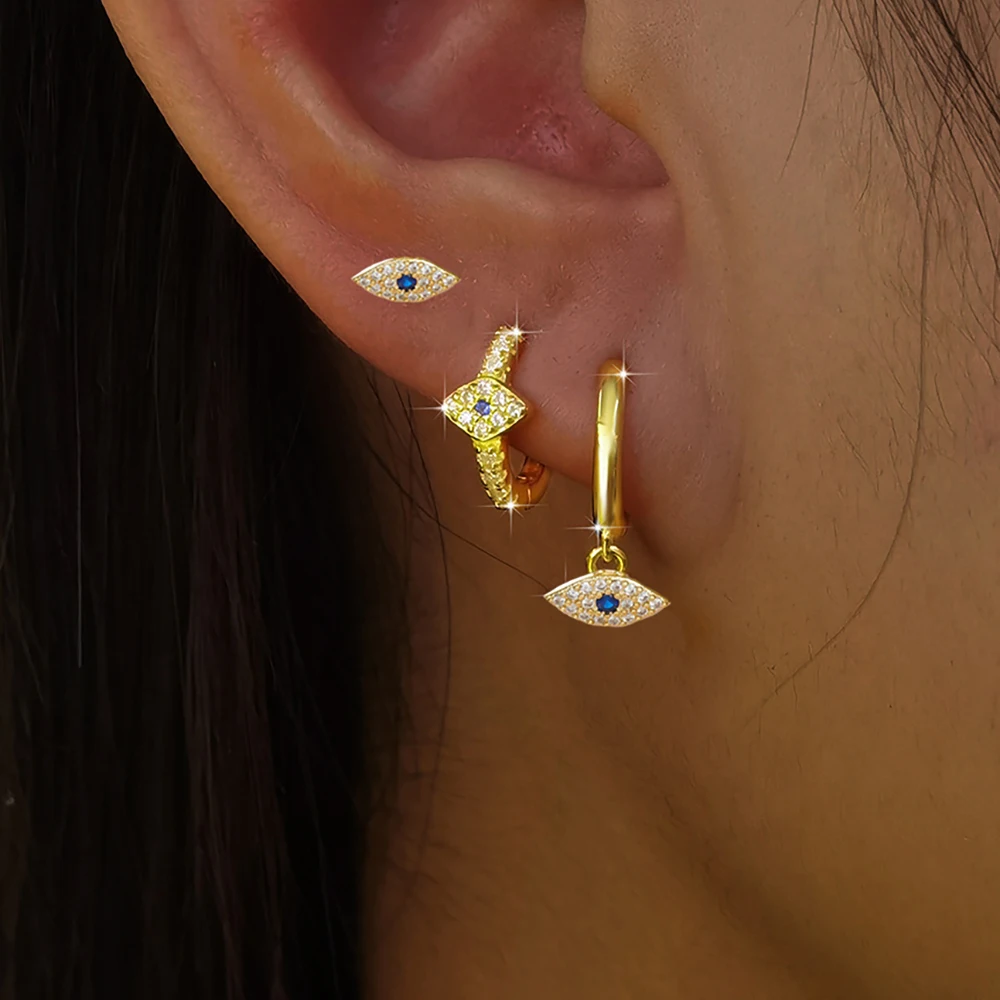 3PCS Vintage 14K Gold Plated Evil Eye Earrings Set for Women Small Zircon Hoop Earrings Luxury Aesthetic Jewelry Wedding Gift