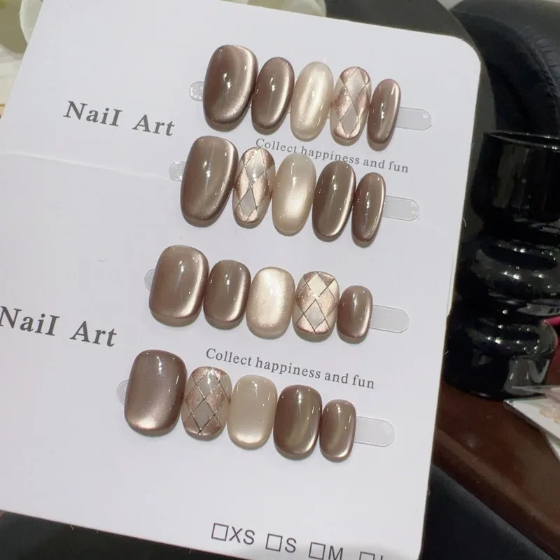

10pcs Handmade Autumn Press on Nails Brown Cat Eye Fake Nails for Women False Nails with Tools High Quality Prosthetic Nail Set