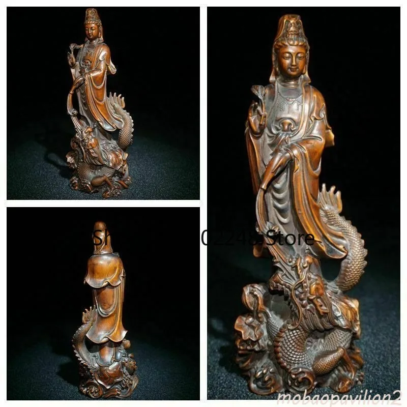 Antique Boxwood Carved Kwan Yin Statue Dragon Thinking Woman Art Wood Sculpture