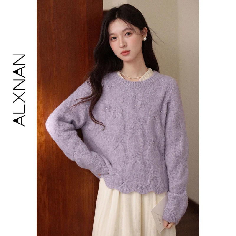 ALXNAN حجم كبير سترة الأرجواني الخريف الشتاء الدافئة فضفاضة تناسب كم طويل البلوز عادية ثلاثية الأبعاد الدانتيل مطرز المرأة لاعبا D00648