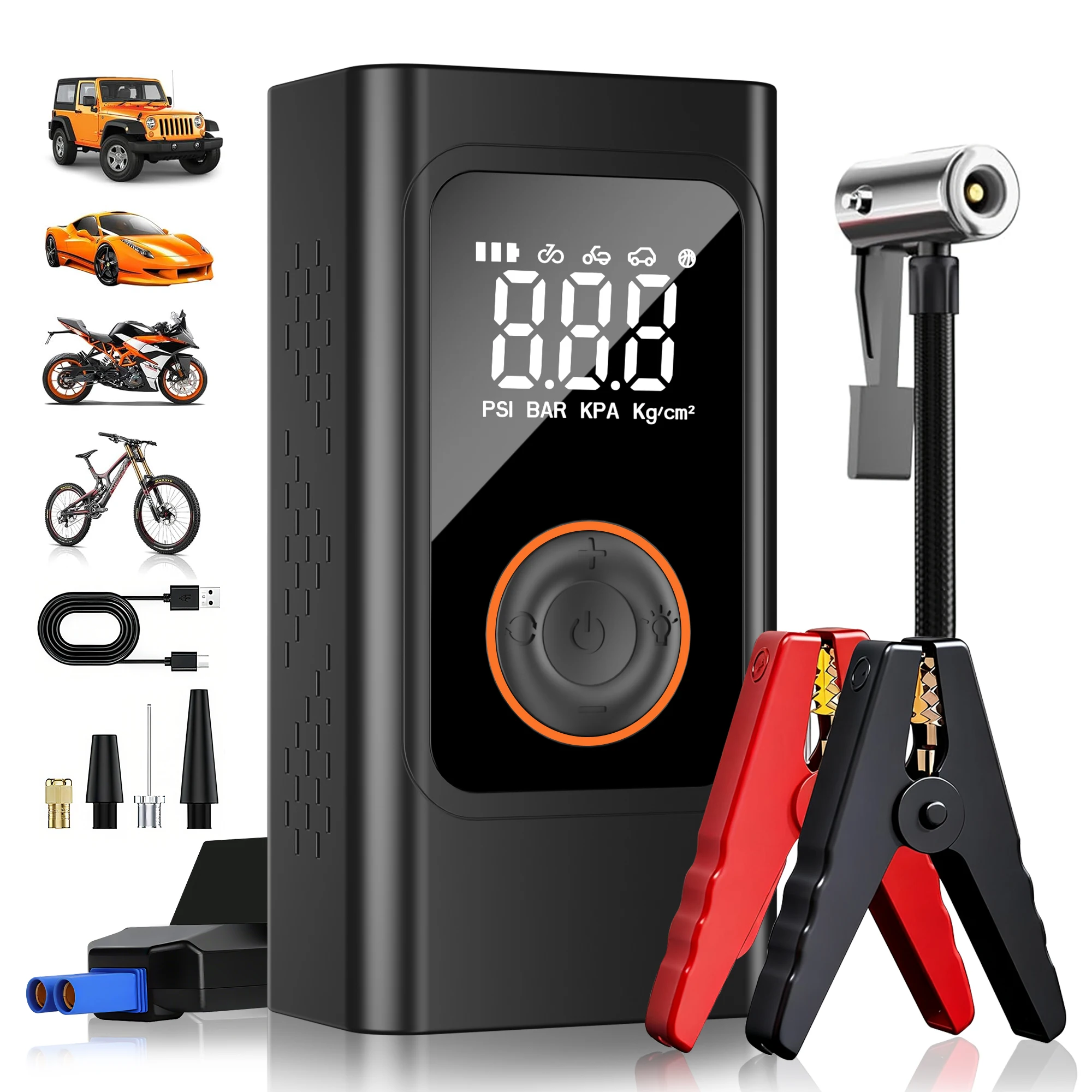 6000A Starthilfegerät mit Luftkompressor, tragbarer Autobatterie-Booster mit intelligenten Klemmen, Digitalanzeige, LED-Licht, Verpolungsschutz, 10-Bar-Reifenfüller, für 5,0-Liter-Benzin- und