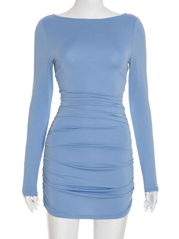 Long Sleeve Ruched Sexy Mini Dress Women Autumn Winter New Elegant Fashion O Neck Bodycon High Waist Club Party Dresses