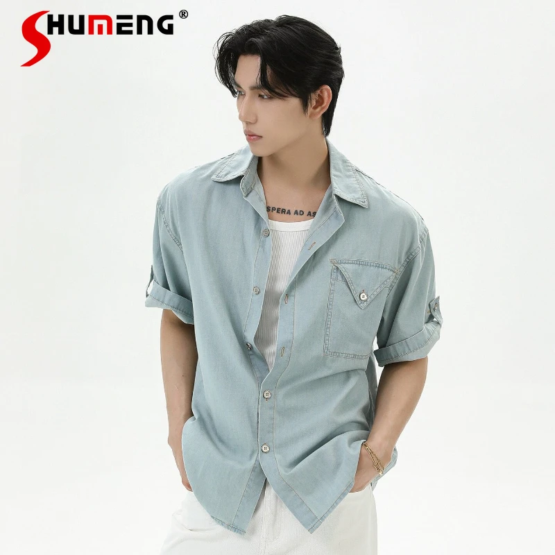 

Fashion Denim Short-sleeve Shirts Men's Summer 2026 New High-end Breathable Loose Comfort Tops Single-row Multi-button Shirts