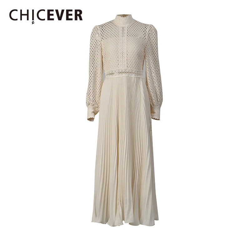 CHICEVER Apricot Spliced Hollow Out Dress Female Turtleneck Long Sleeves Loose Minimalist Intellectual Women's Dresses Autumn