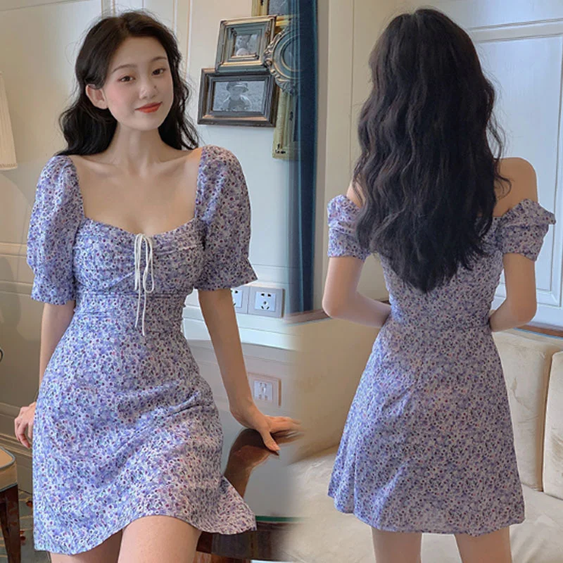 1950s Snowflake Retro Bubble Sleeve Square Collar Lock Buckle Dress Girl Style Flower New Chinese Style Women Clothing