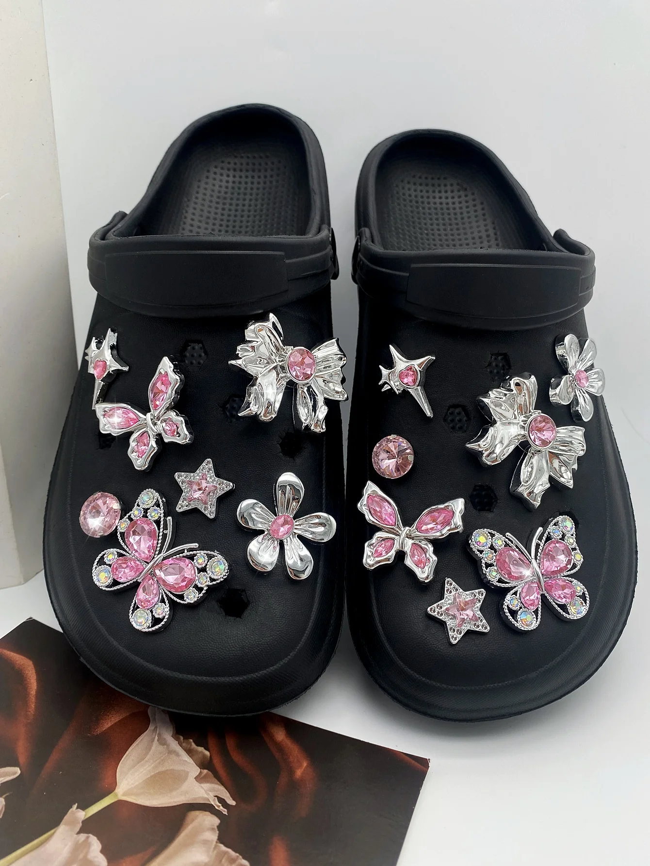 14 pieces of pink ABS diamond butterfly, flower, star, bow, five-pointed star shoe buckles, DIY decorations, multi-functional sh