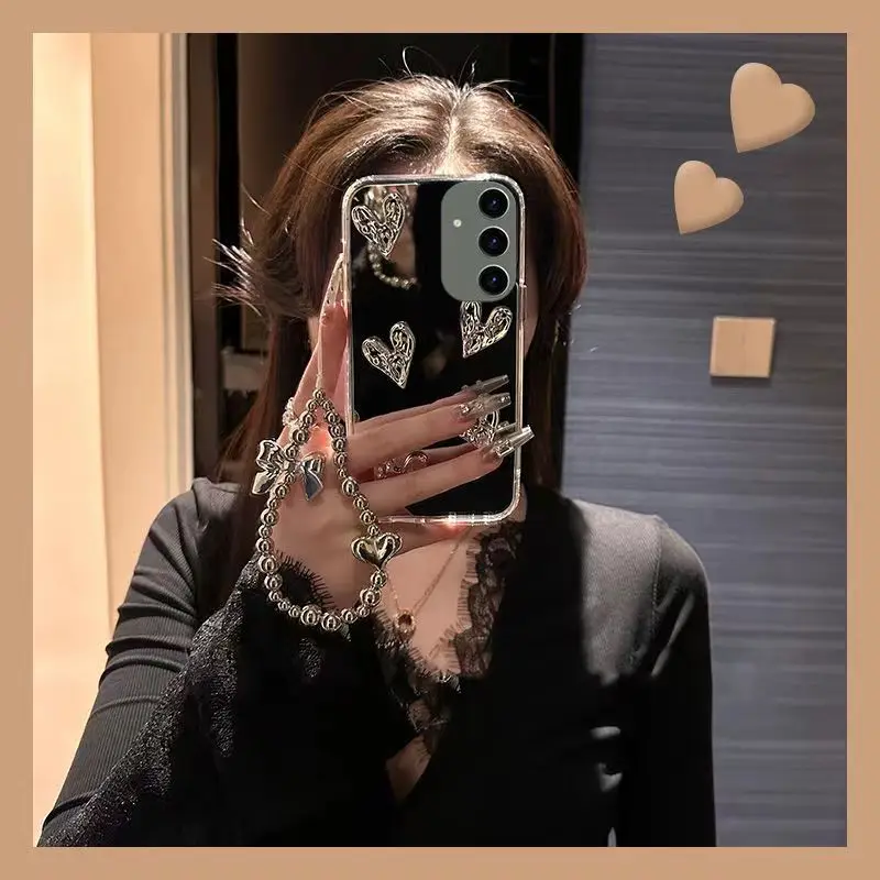 3D Heart Shape Silver Plated Chain Mirror Soft Case for Samsung S25 S24 Ultra S23 S22 S21 S20 S10 S9Plus S23FE S21 S20FE Note20