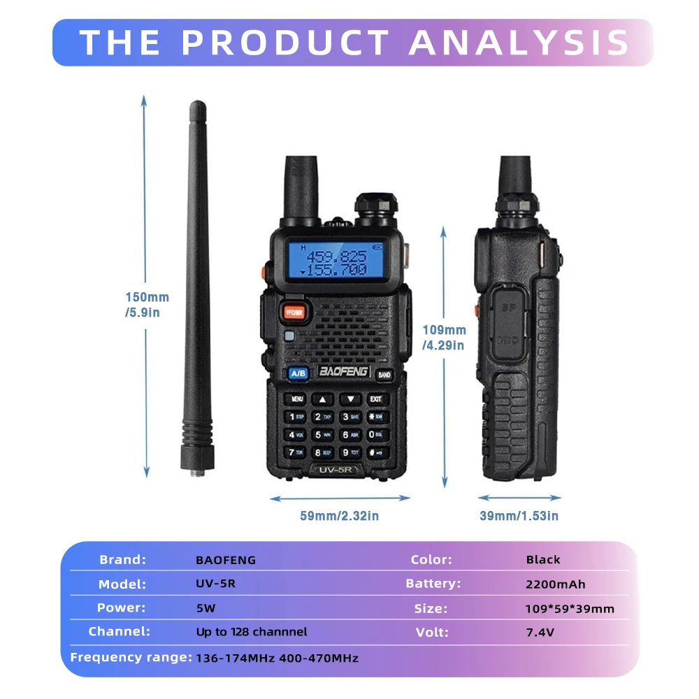 Baofeng UV-5R USB Lange Afstand Dual Band Ham Amateur Met Vhf Uhf Fm CB 128CH 2200mAh portátil de mano de largo alcance Radio bidireccional