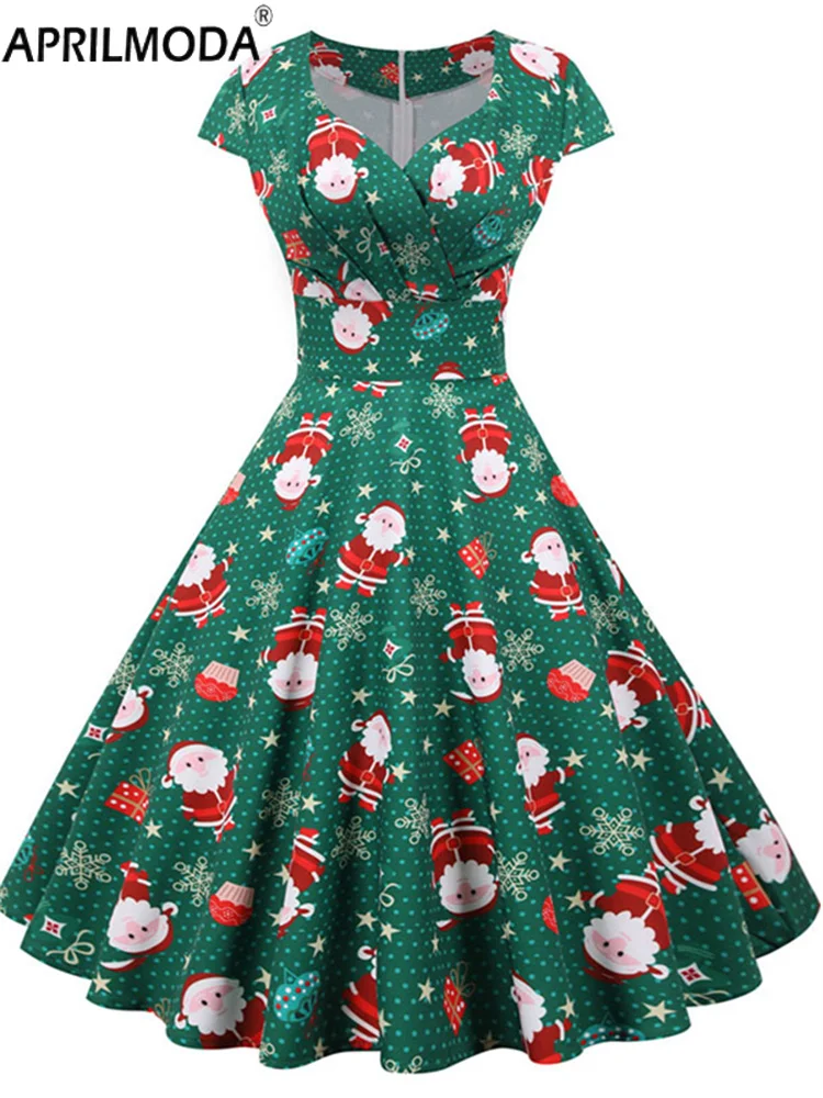 Robe de soirée de Noël pour femme, manches courtes, col en V, imprimé vintage élégant, Noël, nouvel an, Rh, robe d'été, balançoire des années 50, 3XL, 2024