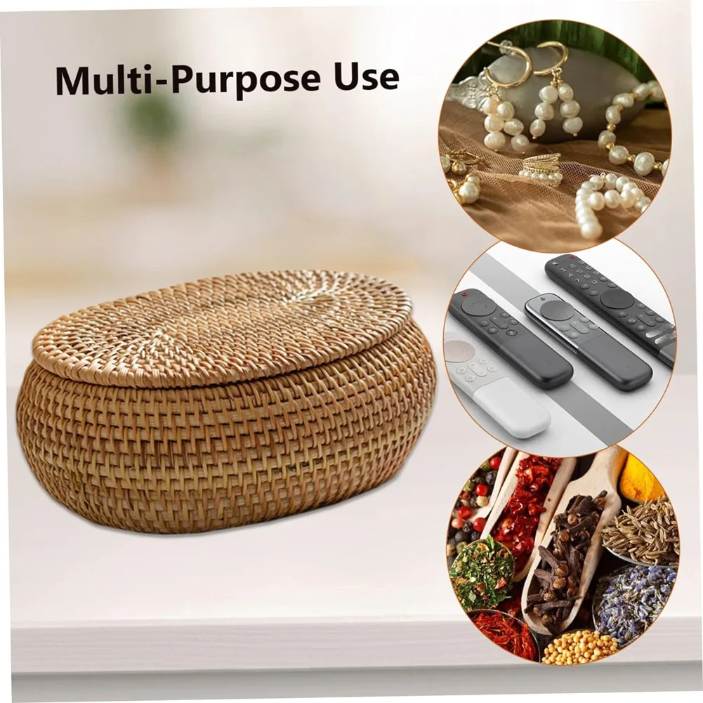 2027 SEWS-Rattan Box Storage Baskets With Lid, Rattan Basket, Handwoven Round Woven Basket, Desktop Decorative Box For Home,Offi