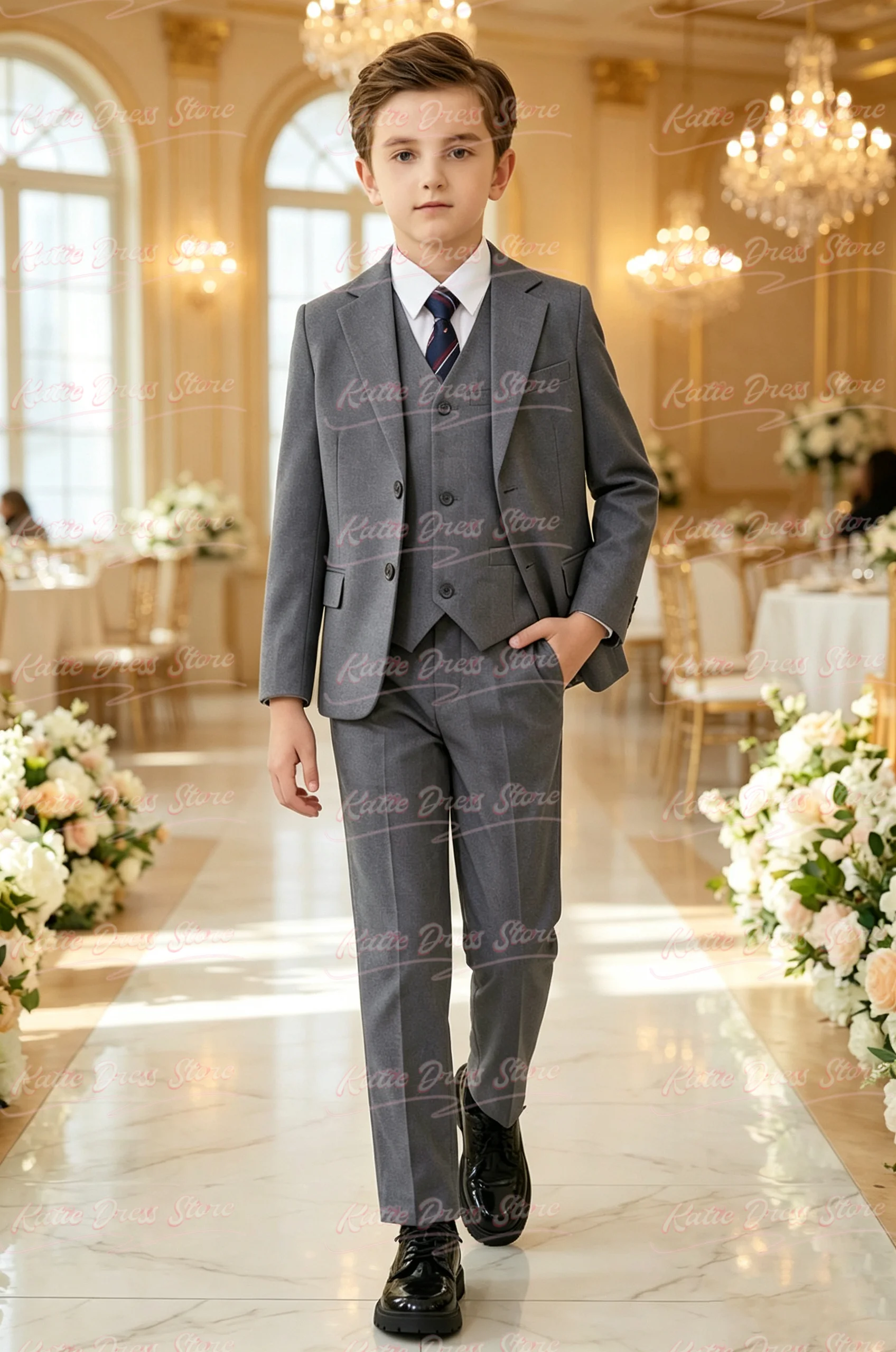 Customized Elegant Boys Classic Grey 3-Piece Suit for Weddings with Notch Lapel Birthday Party School Performance Wear ﻿