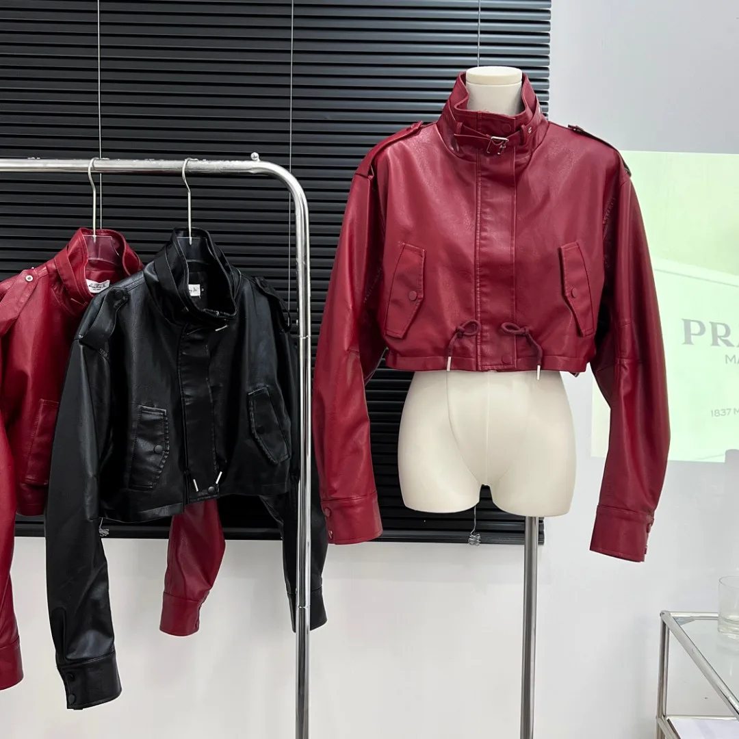 Vintage Red Street Style Short Leather Coat Ladies Y2K 2023 High Street Long-sleeved Motorcycle New Design Chic Leather Coats