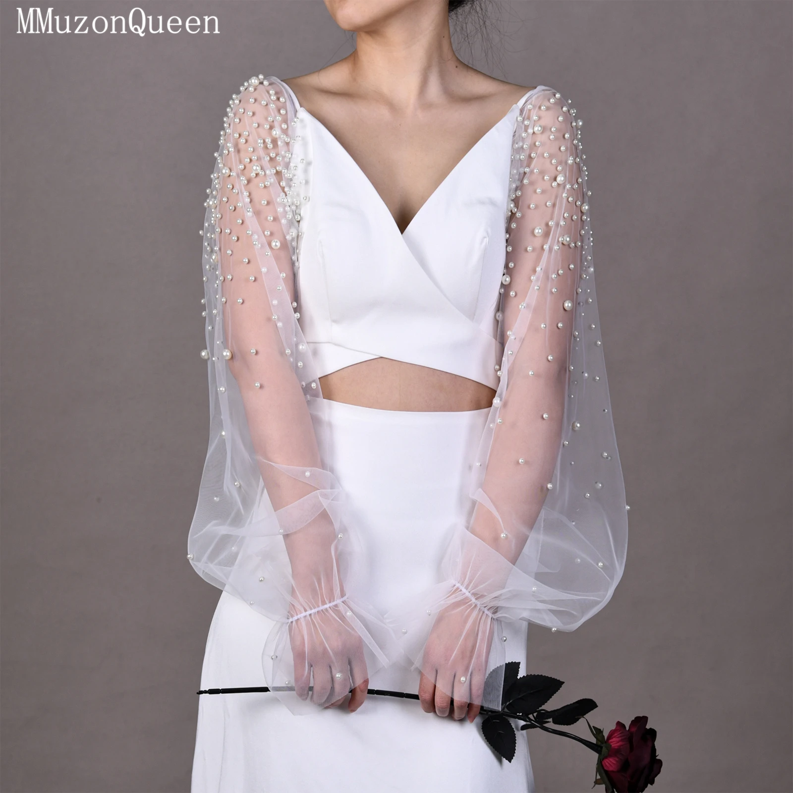 TOPQUEEN Women'S Fake Sleeves With Pearl Bead Wedding Shawl Sheer Shawl Summer Women'S Short Top Can Be Customized Vg113 image 4