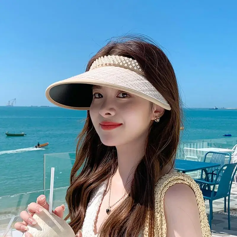 Solid Big Brim Visor For Women Empty Top Female Summer Sunshade Hat Hair Band Style Pearl Adorned Black Rubber Sun Visor Hat - view 3